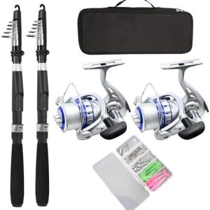 Fishing Pole Combo Set,2.1m/6.89ft 2PCS Collapsible Rods 2PCS Spinning Reels Lures Set Carrier Bag Carbon Fiber Telescopic Fishing Rods Sea Saltwater Freshwater Kit Fishing Rod Reel Combos